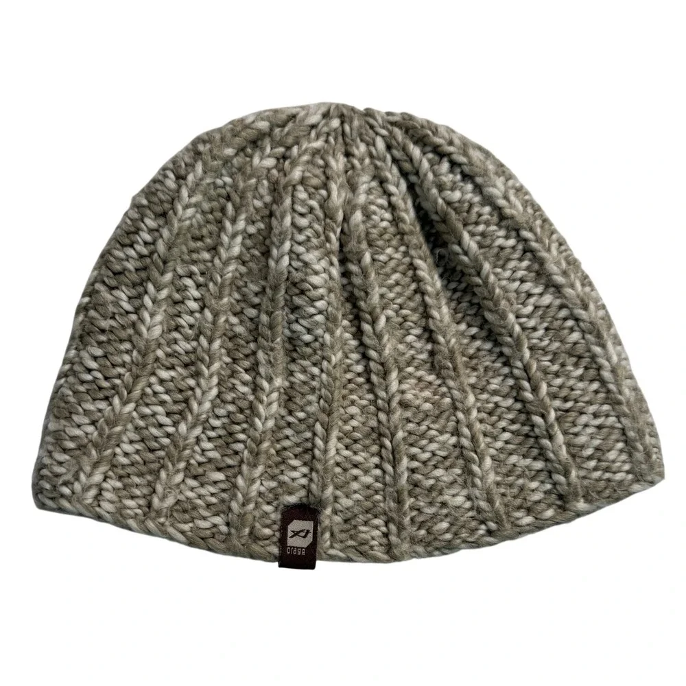 Orage Beanie Hat Beige Cream Wool Blend Chunky Rib Knit Fleece Lined Winter Ski